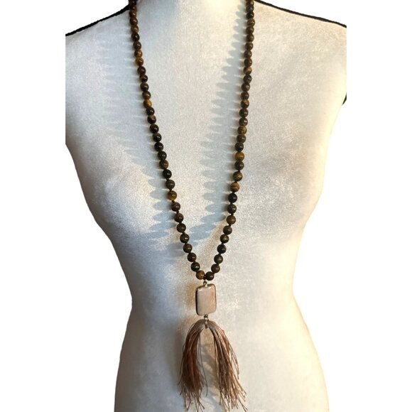 Vintage Fossil Coral Tiger Eye Necklace Beads Pendant 10k Agatized Stone - Picture 1 of 7